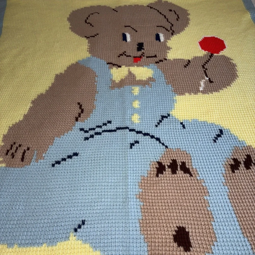 VTG Crochet/Knitted Teddy Bear In Overalls Baby‎ Blanket Throw Afghan 54